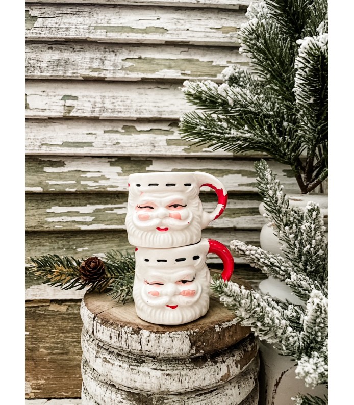 Vintage Mini Napcoware Santa Mugs - Set of 2, Chippy Paint - Holiday